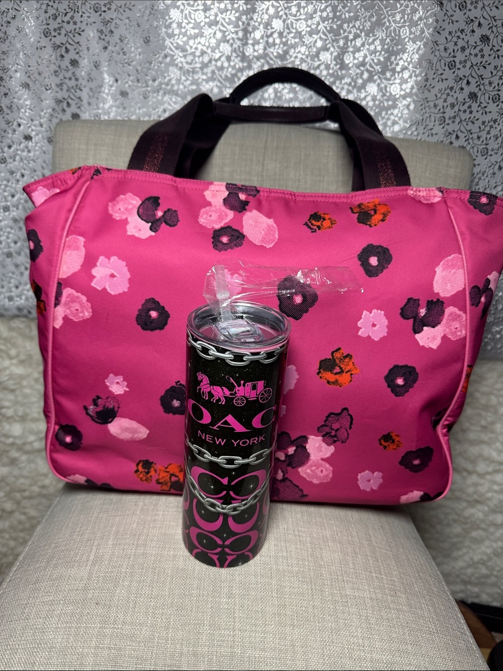 Coach Pink Floral Tote with Brown Front Pocket and Matching Logo Tumbler - Picture 4 of 10